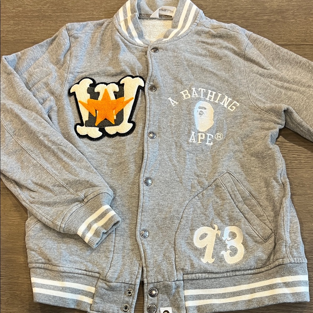 Bape Gray Varsity Jacket with White and Orange Accents